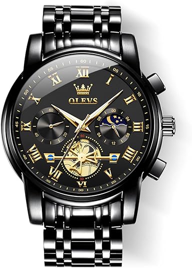 OLEVS Men's Luxury Black Chronograph Watch with Moon Phase and Stainless Steel Band